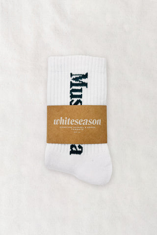 Muskoka Evergreen Love Green Serif Cotton Crew Socks